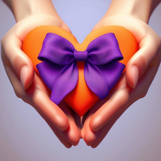 heart shaped bow as link using Purple and Orange color, and a two hands holding it-1